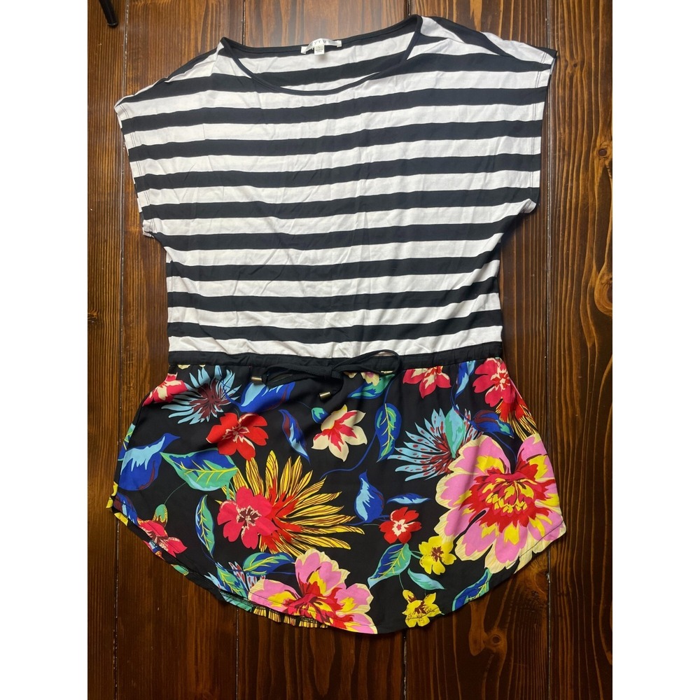 Cyrus Shirt, Women's Size Large, Multicolor, Striped, Floral, Short Sleeve